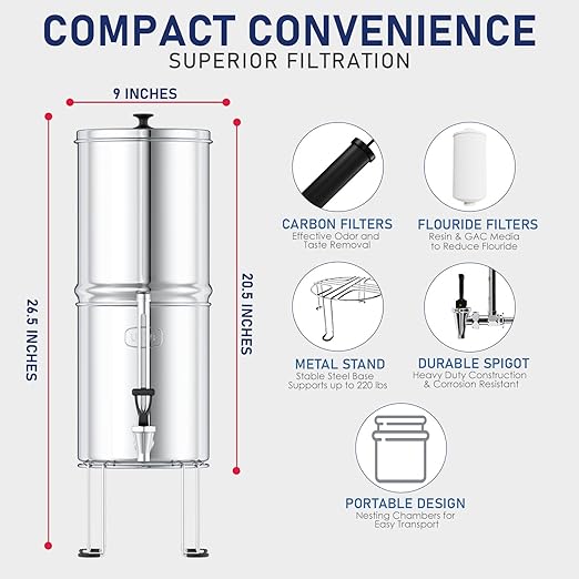 USWF Gravity Fed Water Filter System, 2.25 Gal Stainless Steel, w/ 2 Carbon Filters, 2 Fluoride Filters, Portable w/Metal Sight Glass Spigot & Stand, NSF/ANSI 372 Certified