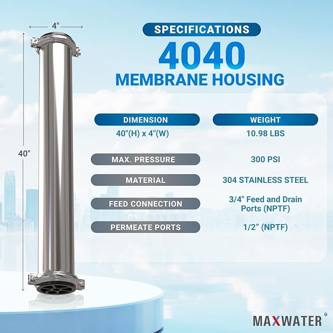 Max Water - Heavy Duty - Reverse Osmosis 4040 Membrane Housing - 4" x 40" good for industrial use - 4040 housing