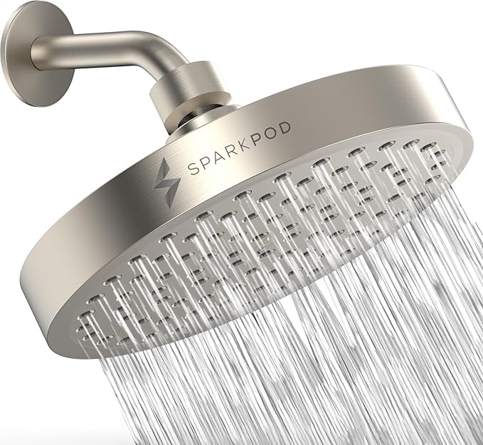 SparkPod Shower Head - High Pressure Rain - Premium Quality Luxury Design - 1-Min Install - Easy Clean Adjustable Replacement for Your Bathroom Shower Heads (Elegant Brushed Nickel, 6 Inch Round)