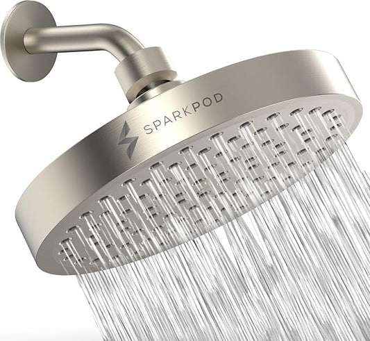 SparkPod Shower Head - High Pressure Rain - Premium Quality Luxury Design - 1-Min Install - Easy Clean Adjustable Replacement for Your Bathroom Shower Heads (Elegant Brushed Nickel, 6 Inch Round)