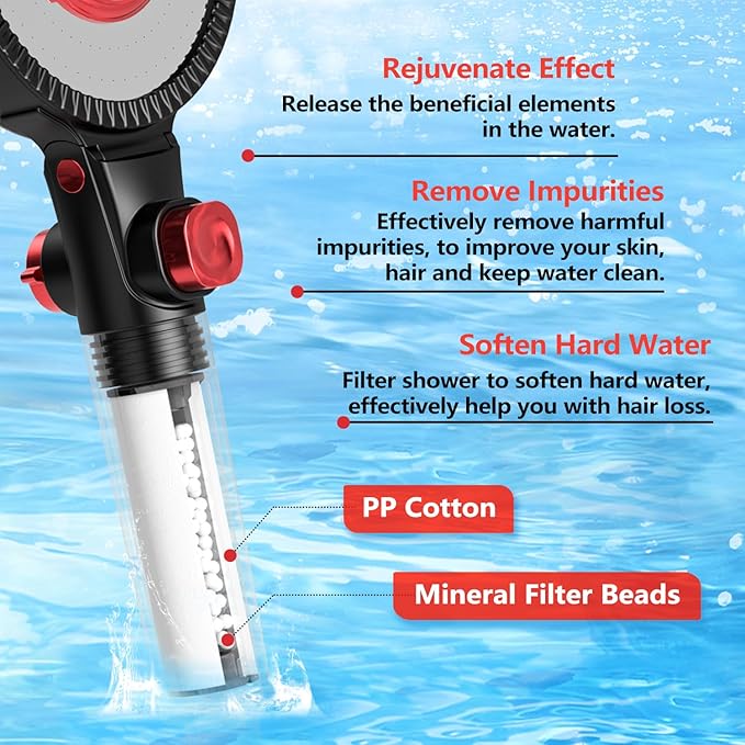 Filtered Shower Head with Handheld Spray for Skin and Hair Care, High Pressure 3 Modes Turbo Showerhead for Hard Water, 59" On Leaks Shower Hose, ON/OFF Button, Adjustable Flow, Matte Black