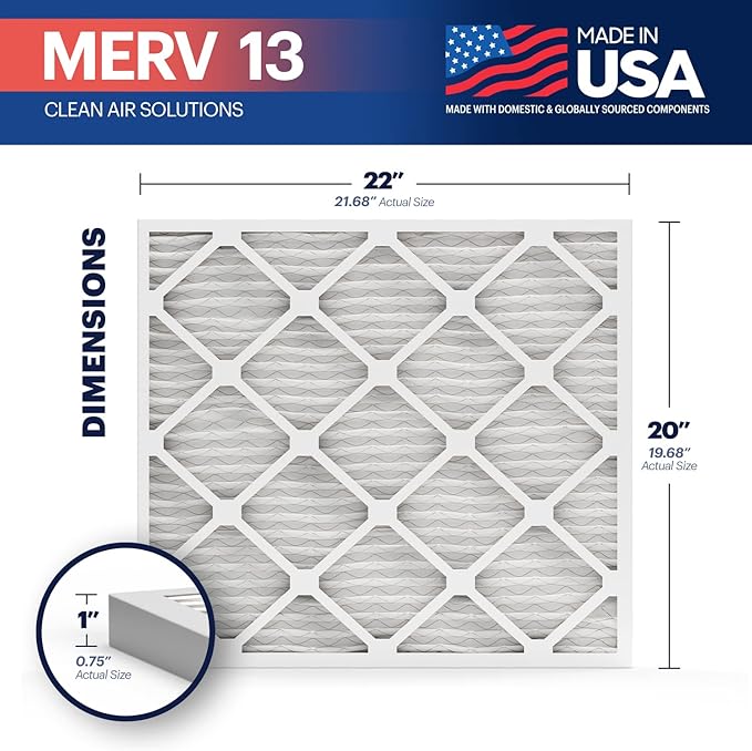 BNX TruFilter 20x22x1 Air Filter MERV 13 (4-Pack) - MADE IN USA - Electrostatic Pleated Air Conditioner HVAC AC Furnace Filters for Allergies, Pollen, Mold, Bacteria, Smoke, Allergen, MPR 1900 FPR 10