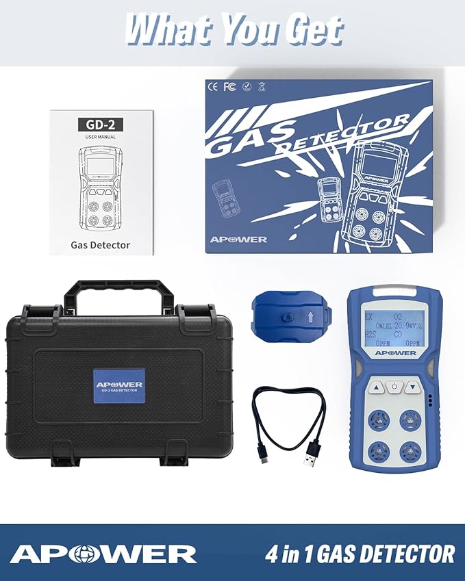 Gas Detector, 4 Gas Monitor for H2S, CO, LEL and O2, Portable Multi Gas Leak Detector with Vibration, Visual and Audible Alarms, 14h Long Battery Life, Natural Propane Sniffer Home Room Travel