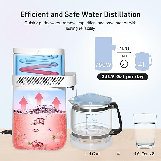 Intelligent Water Distiller Machine for Home-1.1 Gal Home Countertop Distilled Water Maker with Real-time Monitoring for Distilling, 750W Distiller Maker Purifier with 4L Glass Container for Table