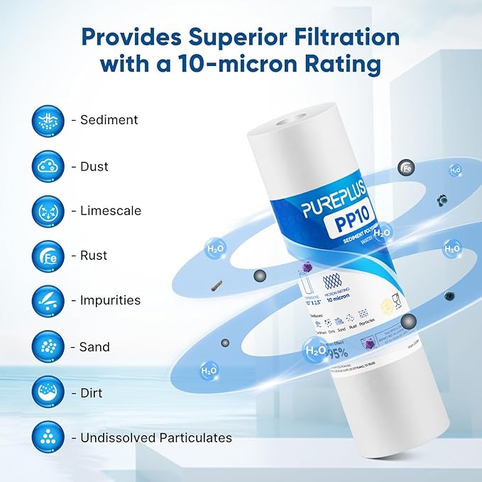 PUREPLUS 10 Micron 10" x 2.5" Whole House Sediment Home Water Filter Cartridge Replacement for Any 10 inch RO Unit, Culligan P5, Aqua-Pure AP110, Dupont WFPFC5002, CFS10, WHKF-G05, 6Pack