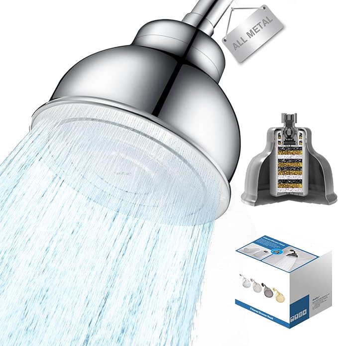 Metal Filtered Shower Head for Hard Water, High Pressure 6'' Rain Shower Head with Built-in Filter, Removes Chlorine & Impurities, Softens Water for Hair, Skin,Easy to Install,Chrome Finish