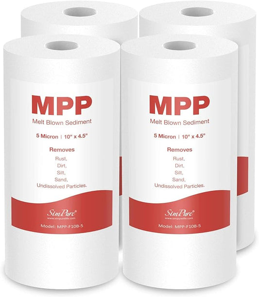 10" x 4.5" Whole House Sediment Water Filter, SimPure 5 Micron 10-inch Big Water Filter Replacement Cartridge Compatible with W15-PR, DGD-5005, FP15B, HD-950A, GXWH35F, GXWH30C for Well Water 4-Pack