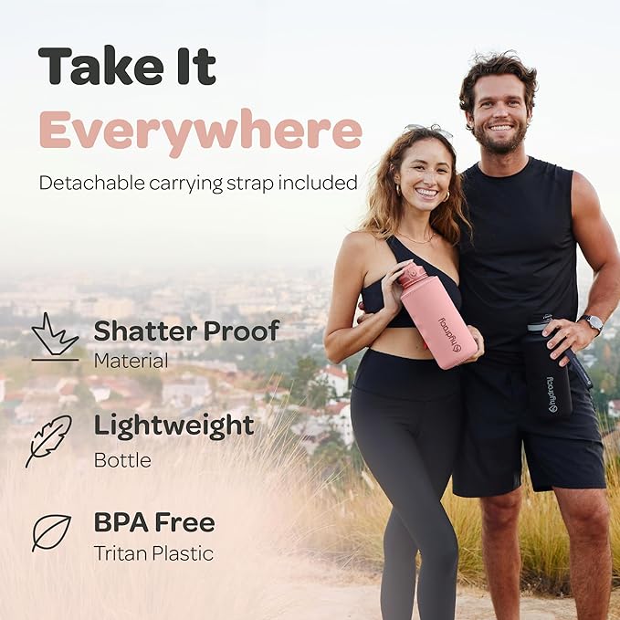 Hydracy Water Bottle with Time Marker -Large BPA Free Water Bottle & No Sweat Sleeve -Leak Proof Gym Bottle with Fruit Infuser Strainer & Times to Drink -Ideal for Fitness Sports & Outdoors