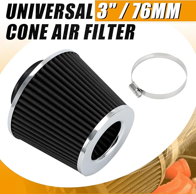 PTNHZ Universal Black 3" 76mm High Flow Cold Air Intake Cone Air Filter Power Intake Air Inlet System Air Cleaner