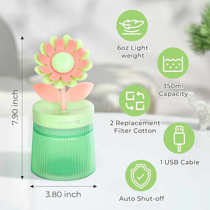Cute Flower Mini Humidifier, 260ml Sunflower Desktop Humidifiers for Bedroom, Portable Small Cool Mist Humidification for Home, Baby Nursery, Office & Indoor Plants, USB Powered (Green)