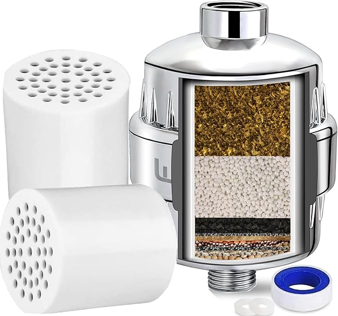 Heavy Duty Shower Filter, Chlorine Hard Water Filter Softener Purifier, with 2 Filter Cartridges, Fits Universal Handheld Shower Head Fixed Rainfall Bath Fixture, Chrome