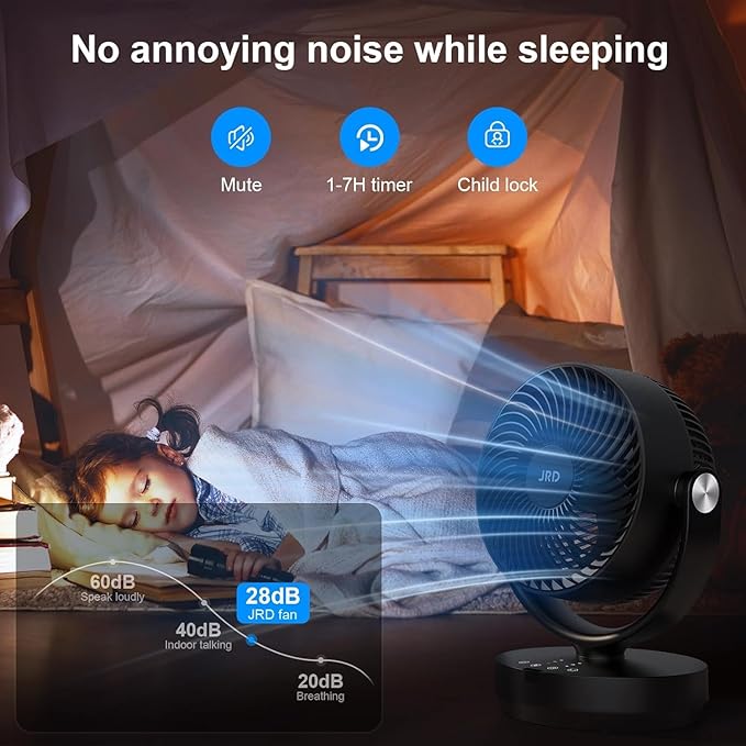 JRD Air Circulator Fan for Bedroom, 13Inch 28dB Quiet Table Fan with Remote, 90°Oscillating Fan, 120° Adjustable Tilt, 3 Speeds, 7H Timer, Powerful Desk Fan for Whole Room Home Office