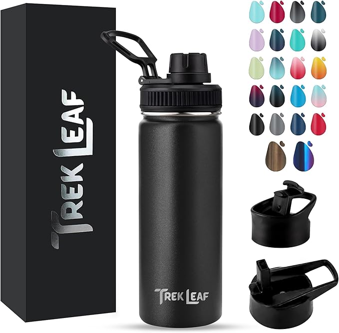 Travel Water Bottle with 3 Lids (Spout, Straw, Flip) Leak Proof, Quality, Vacuum Insulated, Stainless Steel (Black, 18 oz)