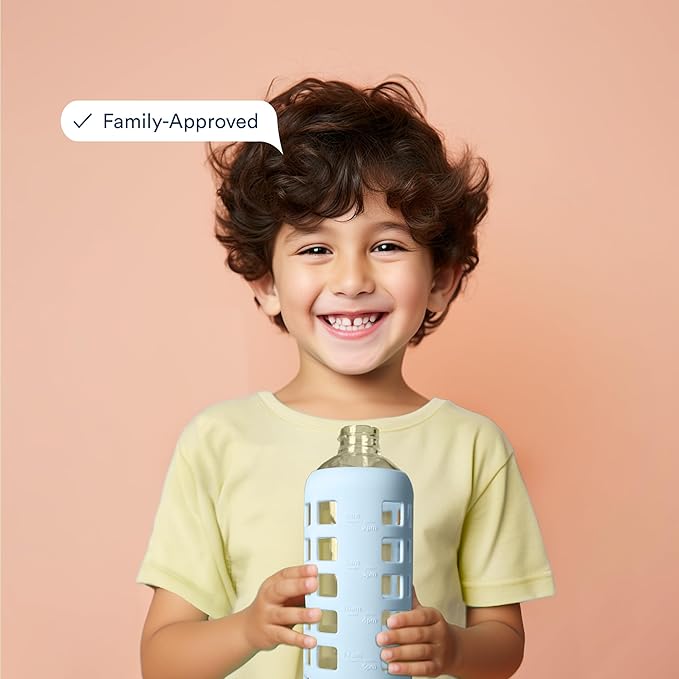 purifyou 40oz / 32oz / 22oz / 12oz Borosilicate Glass Water Bottle with Time & Volume Markers, Silicone Sleeve, Stainless Steel Lid | Reusable Glass Bottle for Water & Juice (40oz Ice Blue)