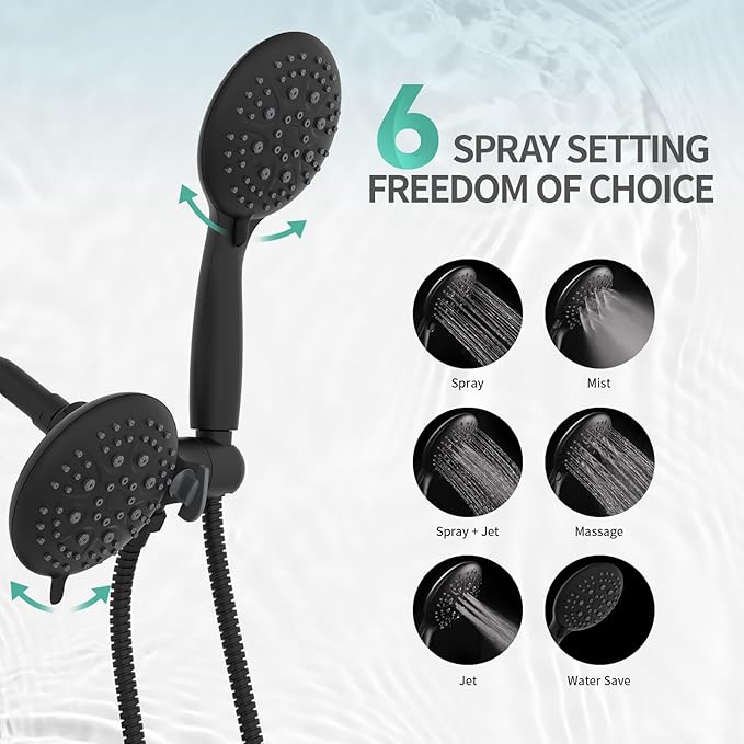 SR SUN RISE 6-Spray Shower Faucet 3-Way Combo Shower Head and Hand Held Shower Separately or Together, Shower Trim Kit Matte Black(Valve Include)
