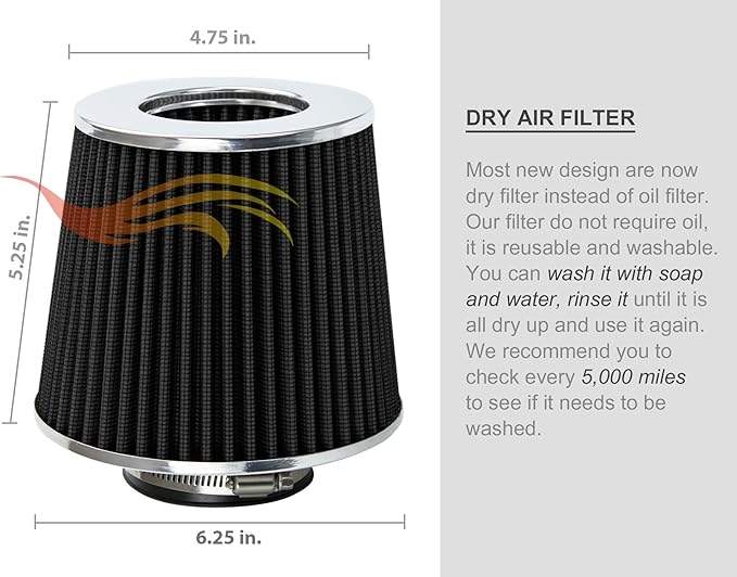 BLACK 6" 152 mm Inlet Short Truck Cold Air Cone Replacement Performance Washable Clamp-On Dry Air Filter (6" Tall)