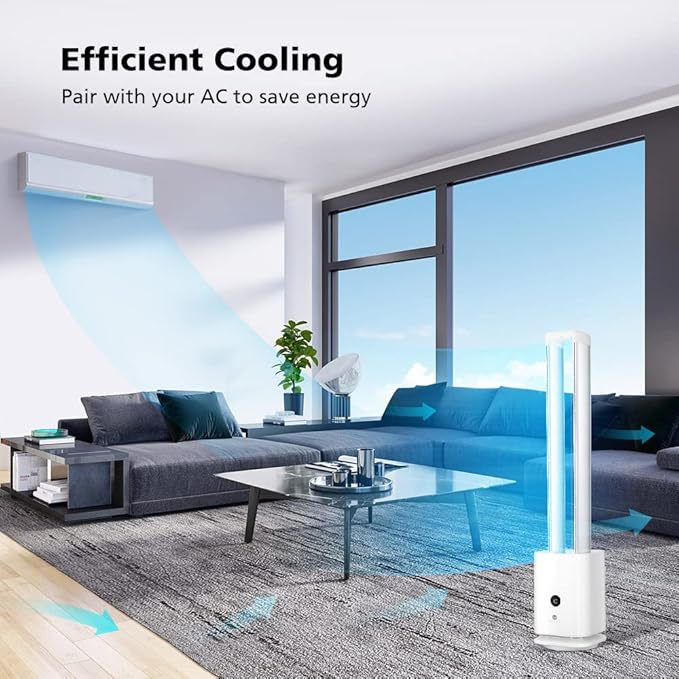 ULTTY Bladeless Tower Fan and Air Purifier in one, Bedroom Fan with HEPA Filter 99.97% Smoke Dust Pollen Dander, 42 Inch 90° Oscillating Tower Fan with Remote, Touch, 8H Timer