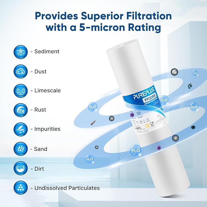PUREPLUS 5 Micron 20" x 4.5" Whole House Sediment Home Water Filter Replacement Cartridge, Compatible with DGD-5005-20, FPMB5-20, AP810-2, 155358-43, SDC-45-2005, 2PP20BB1M, P5-20BB, FP25B, 2 Pack