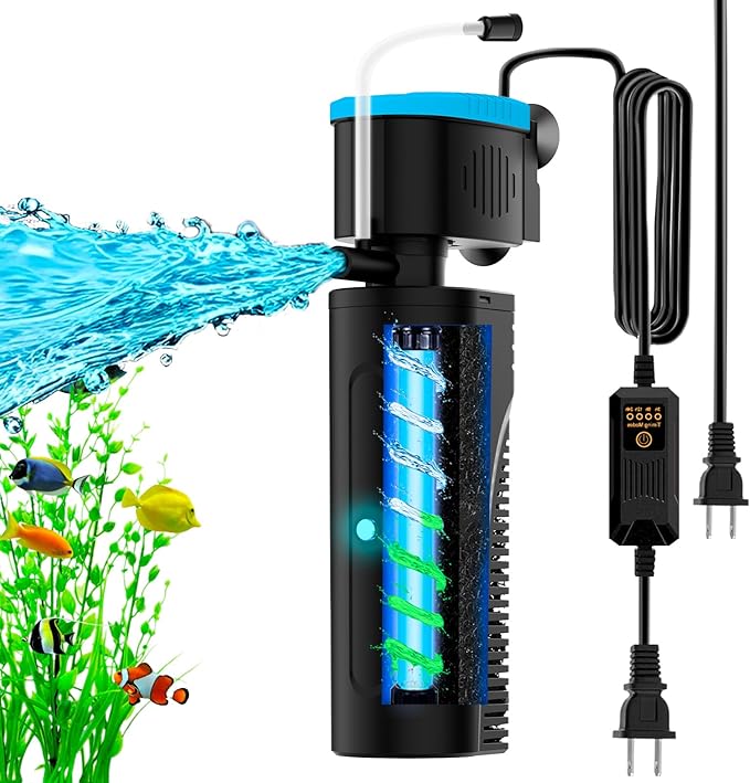 U - V Aquarium Filter with Timer (3/6/12/24 Hours) for Green Water Cleaning, Fish Tank Filter with Aeration & Rainfall Mode, Turtle Filter with Efficient Filter Sponge for Tanks 60-150 Gallon