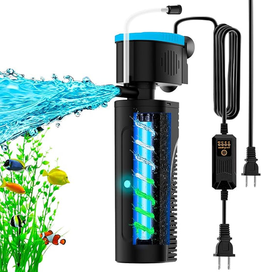 U - V Aquarium Filter with Timer (3/6/12/24 Hours) for Green Water Cleaning, Fish Tank Filter with Aeration & Rainfall Mode, Turtle Filter with Efficient Filter Sponge for Tanks 60-150 Gallon