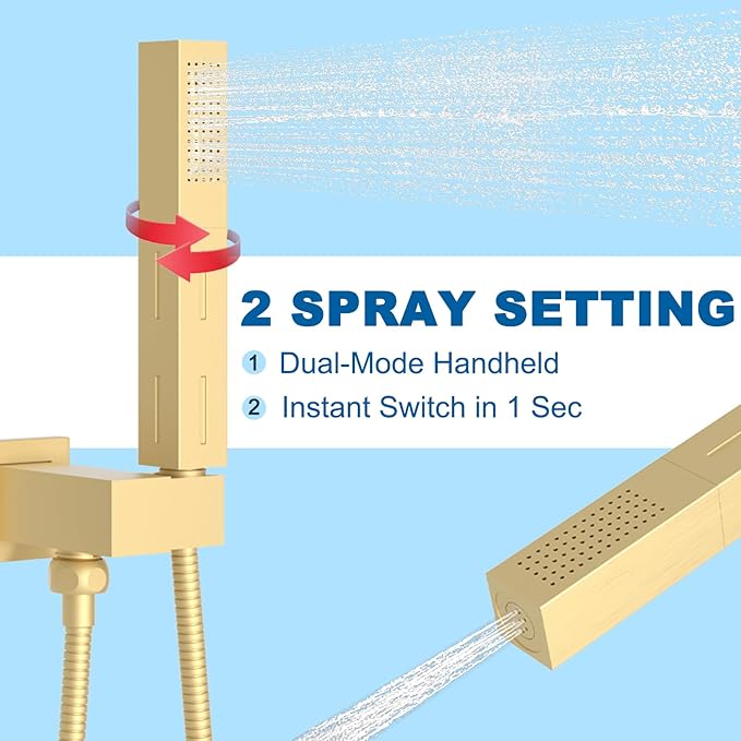 2 Settings Models Handheld Shower Head Sprayer High-Pressure with 59" Long Flexible Hose, Square 2 in1 Solid Brass Adjustable Shower Wand Replacement Kit, Brushed Gold