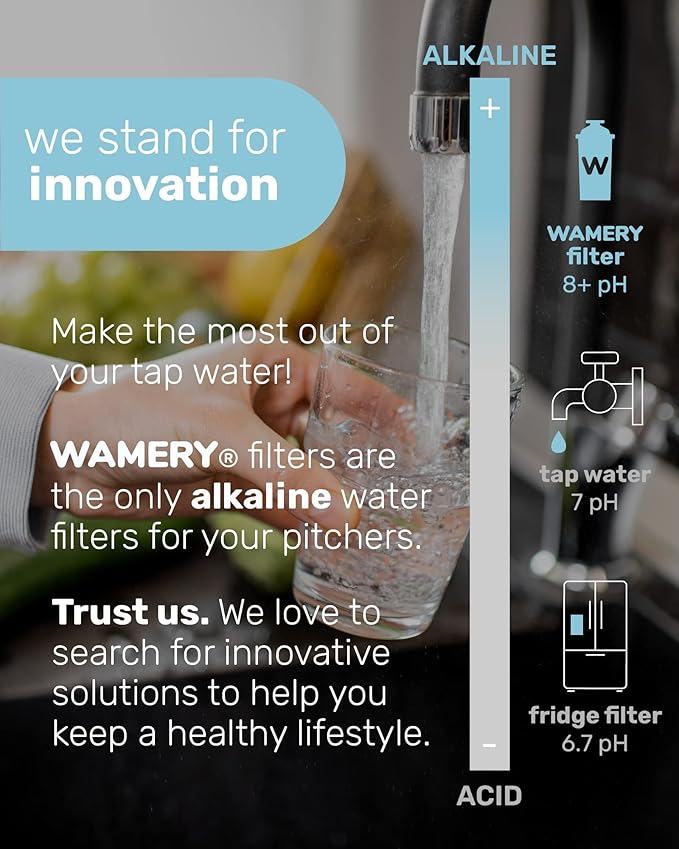 Wamery Alkaline Pitcher Water Filter Replacement for Brita Pitchers - 3 Pack, Improves pH & Taste, 42‑Gallon Each, Coconut Activated Carbon, Leak‑Free Fit, Easy Install
