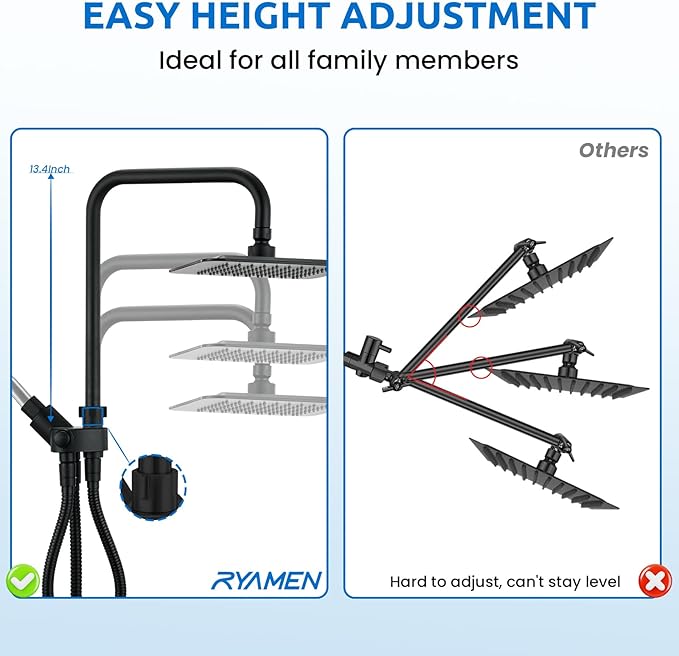 8" Dual Shower Head Combo, Rainfall Shower Head with Handheld, 6 Spray Settings Angle Adjustable Handheld Shower Head with Pause, Height Adjustable, Matte Black