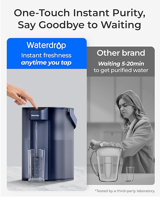 Waterdrop Rechargeable Water Filter Dispenser, 200-Gallon Water Pitcher, Instant 15-Cup Countertop System, 10X Filtration Efficiency, Reduce 98% Chlorine and 20+ Contaminants, Navy Blue
