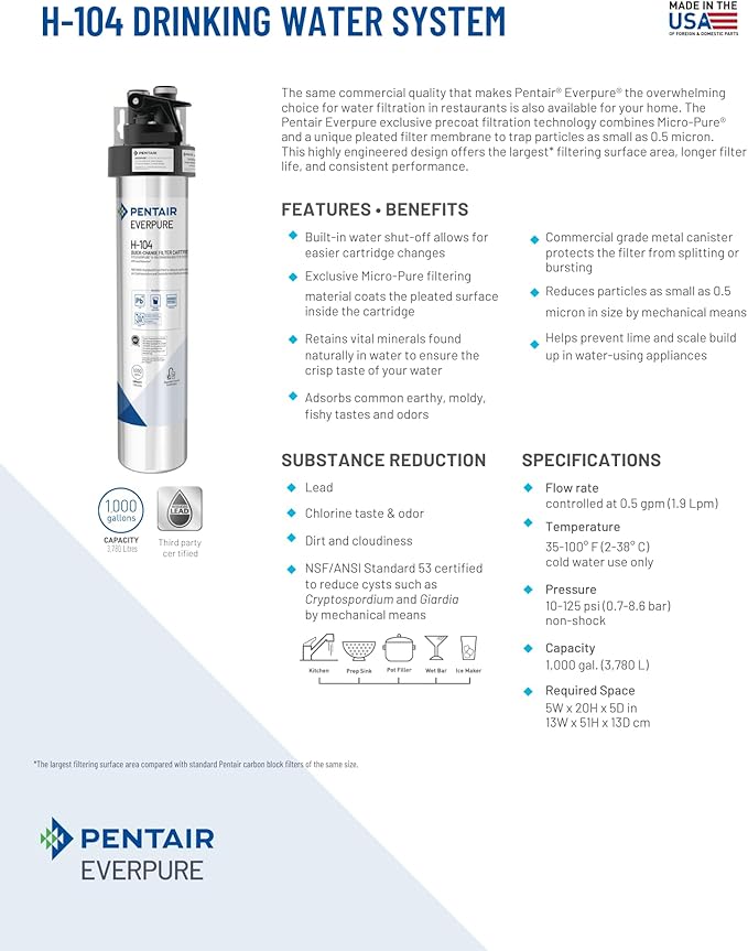 Pentair Everpure H-104 Drinking Water System, EV926271, Includes Filter Head, Filter Cartridge, All Hardware and Connectors, 1,000 Gallon Capacity, 0.5 Micron