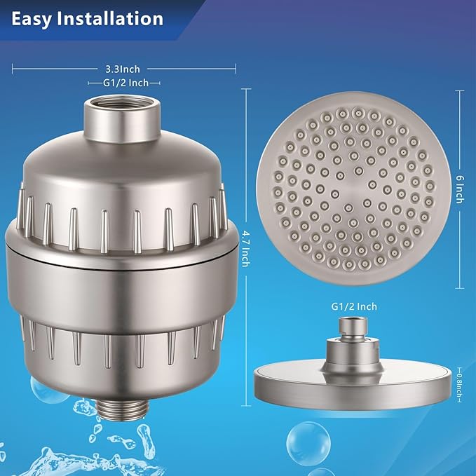 High Pressure Filtered Shower Head Set, 6’’ Rain Shower Filter for Hard Water, Universal Round Showerhead 20 Stage Filtration Removes Impurities for Rejuvenated Skin by Eolax, Brushed Nickel