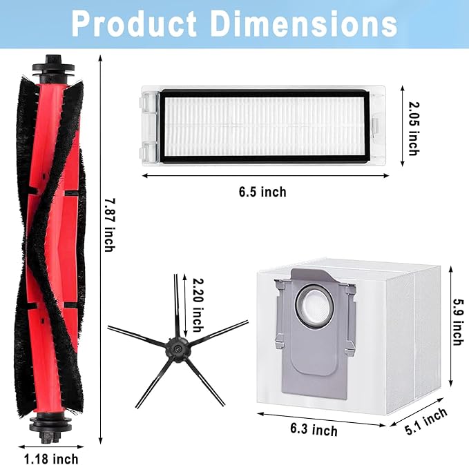 Replacement Parts for Xiaomi Roborock Q5 Q5+ Q5 Plus Robot Vacuum Cleaner, 1 Main Brushes 3 Filters 4 Side Brushes 4 Dust Bags