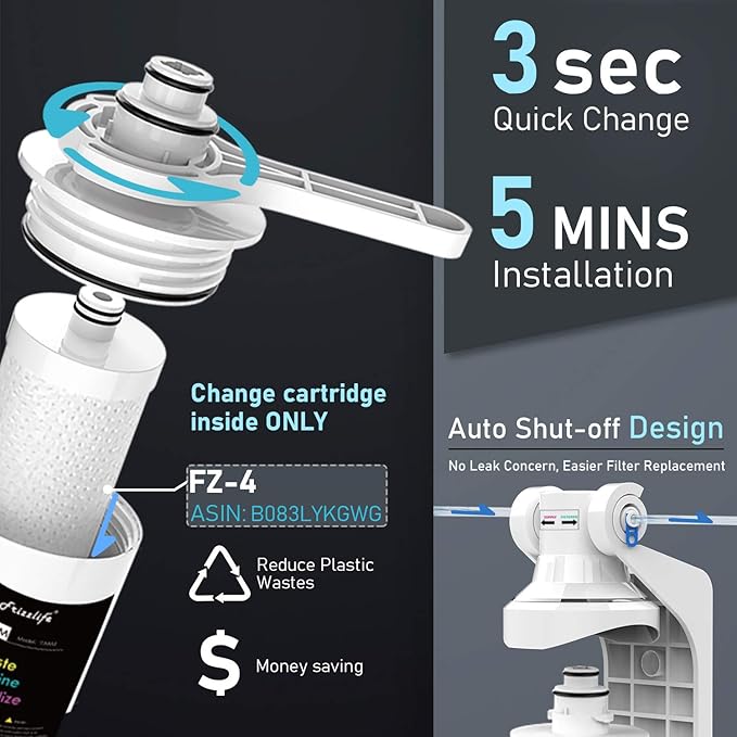 Frizzlife TAM3 Under Sink Inline Water Filter - Alkaline PH+ Remineralization, NSF/ANSI 42 Certified, Adjust Taste & PH, Restore Essential Minerals, 1/4" Pipe Fits for Reverse Osmosis Systems
