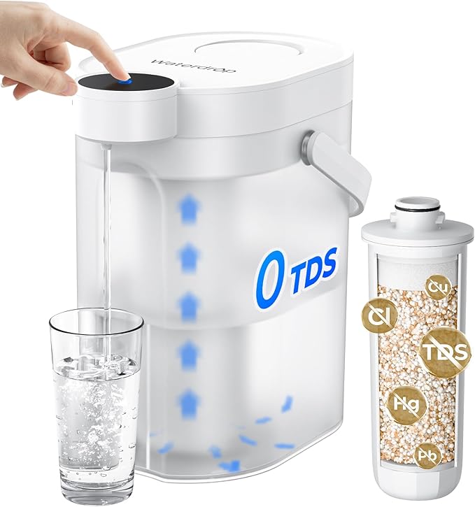 Waterdrop 0 TDS Zero TDS Water Rechargeable Water Filter Dispenser, 4-Stage Instant Electric Powerful Pitcher, Reduce Chlorine, Lead, 15-Cup Countertop Water Filtration System with 1 Filter, White