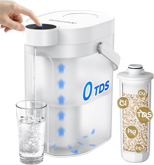 Waterdrop 0 TDS Zero TDS Water Rechargeable Water Filter Dispenser, 4-Stage Instant Electric Powerful Pitcher, Reduce Chlorine, Lead, 15-Cup Countertop Water Filtration System with 1 Filter, White