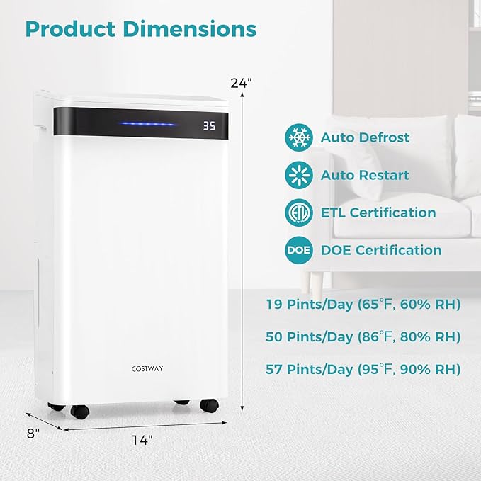 COSTWAY 4,500 Sq. Ft Dehumidifier for Basement, 3-Color Humidity Indicator, Dry Clothes Mode, 12" Drain Hose & Wheels, 57 Pint/Day Dehumidifier for Large Room (White&Black)