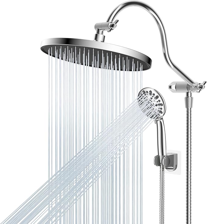 Hibbent 10'' Self-cleaning Rainfall Shower Head, High Pressure Handheld Shower Head, Showerhead Combo with 12'' Adjustable Curved Shower Extension Arm, 7-Spray, 71'' Hose, Showerhead Holder, Chrome