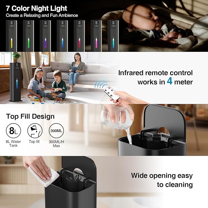 Smart Humidifiers Large Room Bedroom Home, 2.11Gal(8L) Quiet Top Fill Cool Mist Humidifier, Smart App & Remote Control, 3 Speed Humidifier with 360° Nozzle, Humidity Setting for Baby Office