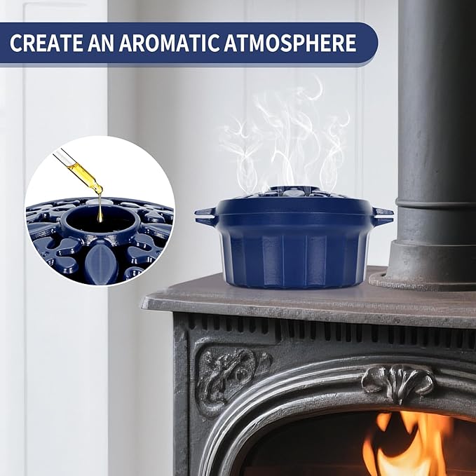 STBoo Wood Stove Steamer - Cast Iron Fireplace Humidifier | Indoor Pot for Home Heating | Round Bowl Fire Place Stove Covers Accessories Decorative | Matte Finish & Rust Resistan & 2.7 Quart, Blue