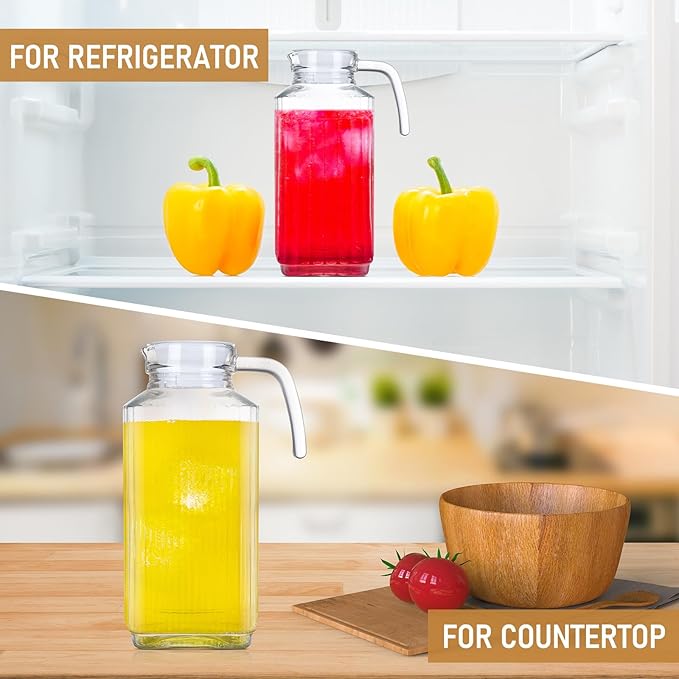 Gejoy 4 Pieces 60 oz Glass Pitcher with Lid Fridge Juice Glass Water Pitcher Beverage Drink Containers Jug for Fridge Iced Tea Lemonade Milk Cocktails Cold