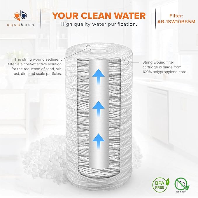 Aquaboon 5 Micron Water Filter 10 x 4.5 inch - String Wound Water Filter for Whole House System - Compatible with 84637, WPX5BB97P, PC10, 355214-45, 355215-45, WP10BB97P, WP5BB97P (20 Pack)