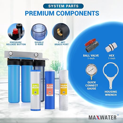 Max Water 3 Stage Nitrate Removal 3 Stage 20"X 4.5" Whole House Water Filter System - Wound Sediment + Anion Resin Nitrate Reduction + GAC - 1" Inlet/Outlet