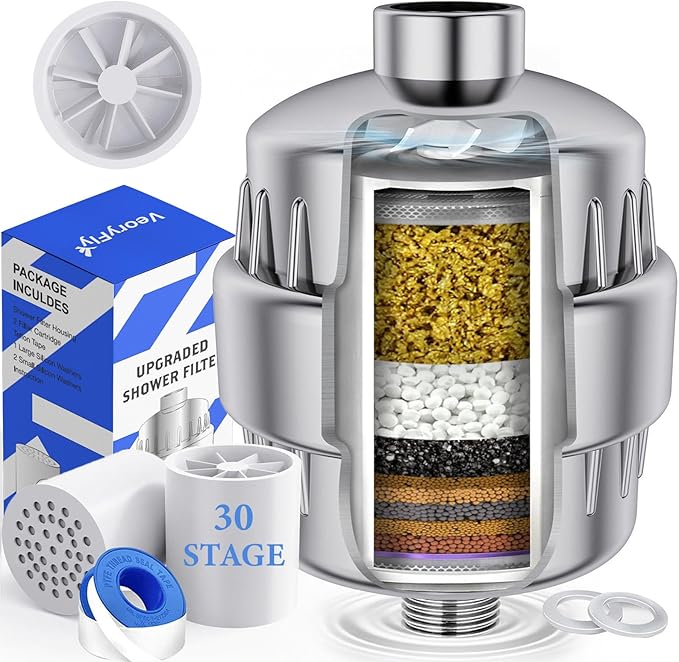 30 Stage VeoryFly Shower Filter with Vitamin C, Shower Filter for Hard Water, High Output Shower Water Filter with 2 Replaceable Filter Cartridges, Water Softener Filter to Remove Chlorine