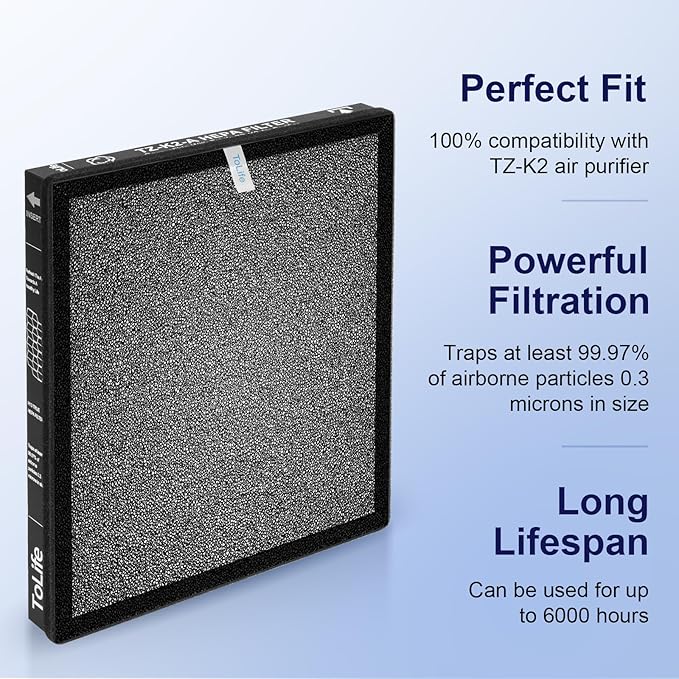 ToLife TZ-K2 Air Purifier Replacement Filter, 3-in-1 HEPA High-Efficiency Activated Carbon Filter, TZ-K2-A, 2 Pack