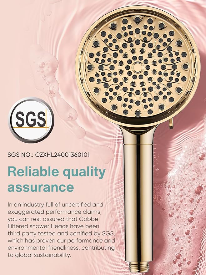 Cobbe Filtered Shower Head with Handheld, High Pressure 6 Spray Mode Showerhead with Filters, Water Softener Filters Beads for Hard Water - Remove Chlorine - Reduces Dry Itchy Skin, Egyptian Gold