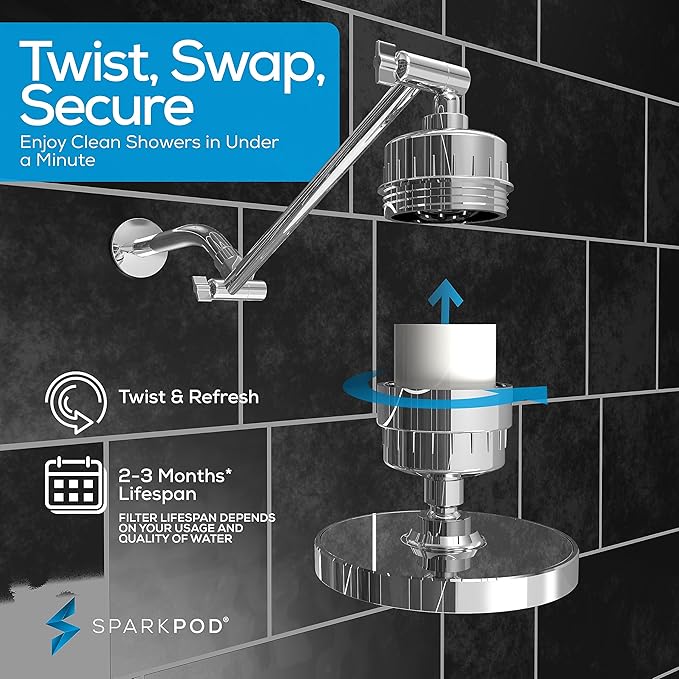 SparkPod 6" High Pressure Rain Shower Head with 23 Stage Filter Capsule & 11 Inch Adjustable Shower Arm Extension - Shower Filter Reduces Chlorine for Smoother Hair & Skin (Round, Polished Chrome)