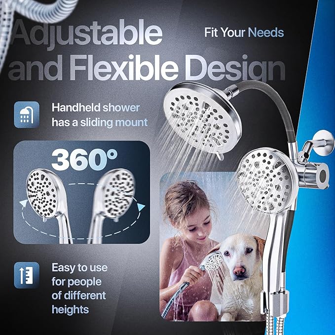 AQUAZEN® Dual Shower Head Combo | Adjustable Rainfall + Handheld Shower | 6 Spray Modes Each | Flexible Mount & Swivel Heads | 5ft Stainless Steel Hose | Premium Nickel Finish | Fits All US Showers