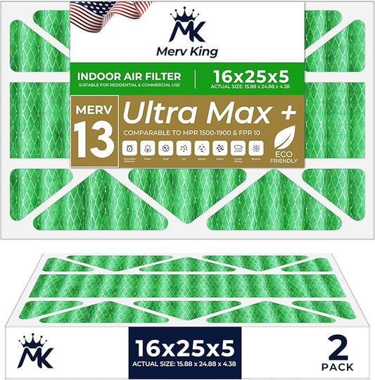 MervKing 16x25x5 Air Filter Actual Size: 15.88" x 24.88" x 4.38" MERV 13 MPR 1500-1900 | MADE IN USA | 2-Pack | Pleated HVAC AC Furnace Replacement