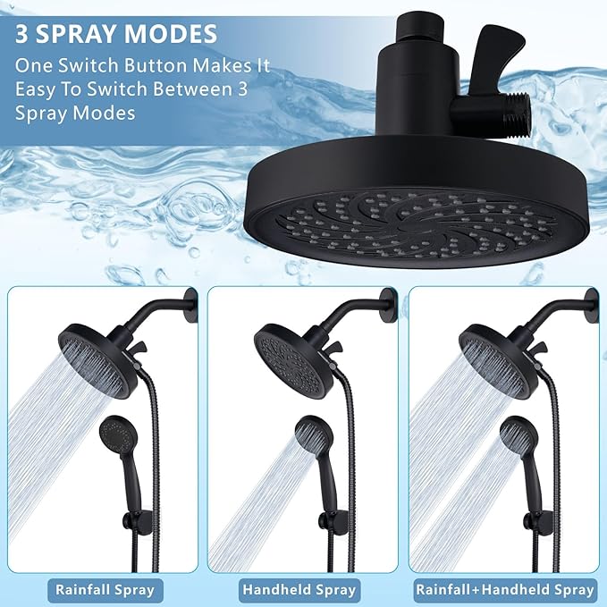Rain Shower Head with Handheld, High Pressure Rainfall Showerhead and 3 Settings Hand held Spray Combo with Detachable Hose (Black)