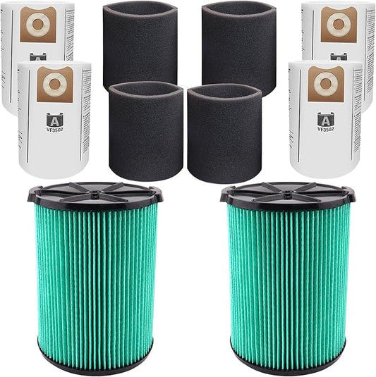 2 Pack VF6000 Filters + 4 Pack VF3502 Filter Bags + 4 Pack Foam Sleeve for Ridgid 5-20 Gallon Wet Dry Vacuum Cleaner (10 Pack)