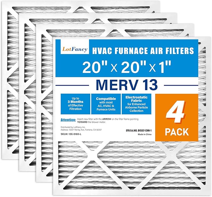 LotFancy 20x20x1 Air Filter MERV 13 Pet Smoke Smog Allergens Defense (4-Pack) Pleated HVAC Furnace Air Filters, Replacement for Home AC & Heating Systems, Actual Size: 19.75" x 19.75" x 0.75"